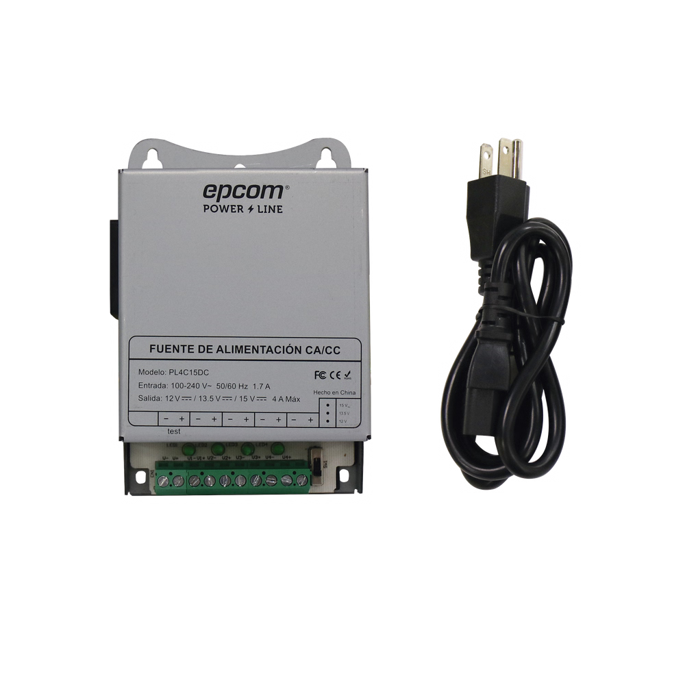 Fuente de Poder Metálica PL-4C-15DC EPCOM/ Para 4 Cámaras / Ajustables a 12 o 13.5 o 15 Vcc / 4 Amperes / Instalación en Pared.